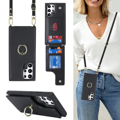 Lipvina for Samsung Galaxy S22 Ultra Case with Card Holder and Strap for Women,Crossbody Lanyard,Ring Stand,Snap Clasp,Phone Wallet Cases 6.8 inch(Black)