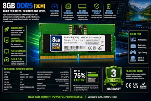 Image of 8GB DDR5 5600MHz OEM Laptop RAM Compatible with Samsung [Key Specs: PC5-44800 /5600B | 262-Pin SO-DIMM | CL46 | 1Rx16 | 1.1V | Non-ECC] | 3 Years Seller Warranty