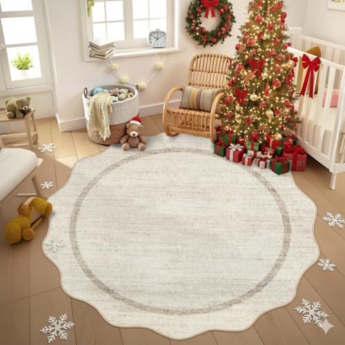 GarveeHome Scalloped Round Rugs 6 ft Washable Area Rug for Playroom, Beige