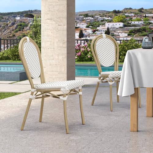 Image of PURPLE LEAF Patio Dining Chair Set of 2 Outdoor French Aluminium Frame in Bamboo Finish with White & Gray Woven Rattan for Indoor Kitchen Deck Bistros Cafe Restaurant