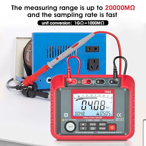 AIOMEST Digital Megohmmeter, 1000V Isolationsmessgerät, 0.1MΩ~20GΩ, 50V/100V/250V/500V/1000V, mit Hintergrundbeleuchtung, Messgeräte für elektrische Geräte wie Motoren und Kabel, T0-TS58