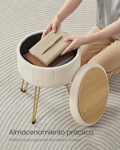 Puff Almacenaje Redondo SONGMICS de Terciopelo Blanco Crema 39x44.4 cm con 4 Patas de Metal LOM003W01 8