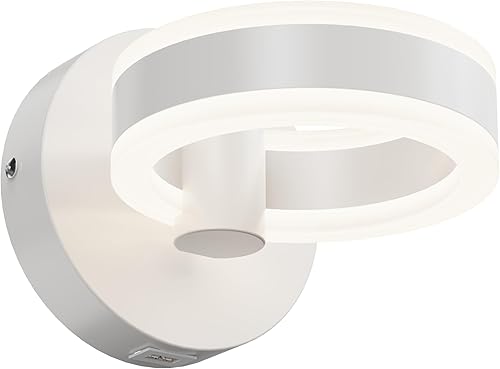 PHIXART Lámpara de pared LED con interruptor integrado y puerto de carga USB, lámpara de pared con cable de 110 voltios de CA (blanca)