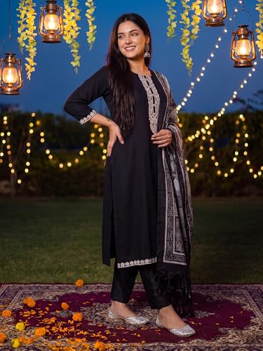 Image of INDO ERA Women's Silk Blend Embroidered Sequinned Kurta & Pant with Dupatta Set