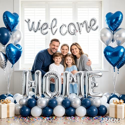Image of TONIFUL 2 Size Silver Foil Welcome HOME Letter Balloons Banner Decorations
