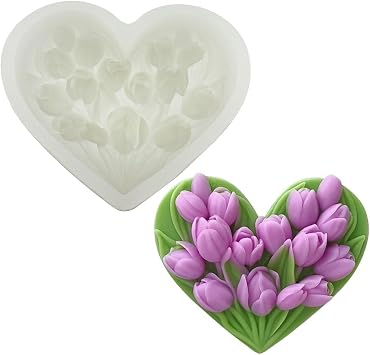 3D Tulips Mold Silicone Molds for Candles Heart Shaped Flower Soap Molds Tulips Candle Mold for Candle Making Aroma Plaster Stone Plaster Polymer Clay Resin Casting DIY Mould