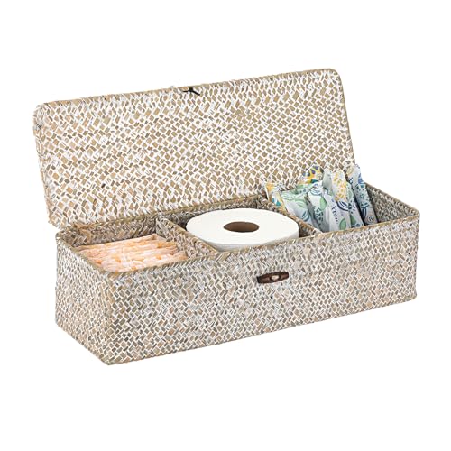 Sumnacon Extended Seagrass Storage Basket with Lid 3-Section Wicker Storage Basket,Small Woven Shelf Basket for Toiletries Tampon Storage,Seagrass Basket for Shelf Bathroom Toilet Counter,Whitewash