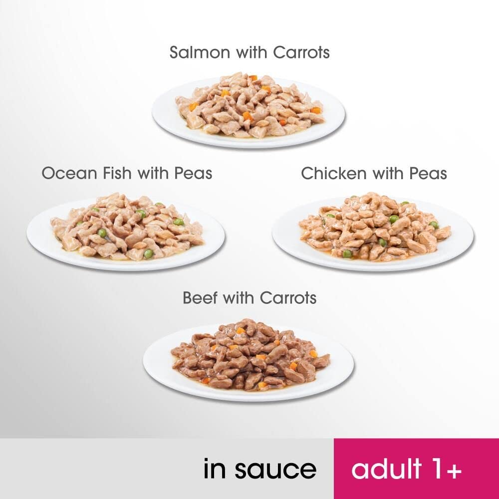 Perfect Fit Bolsas de comida húmeda para gatos - Nutrición avanzada para gatos adultos 1+, selección mixta en salsa, paquete de 4 (4 x 12 bolsas x 85 g)