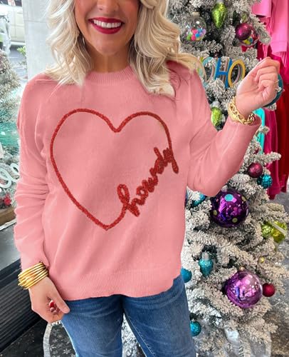 Image of SELINK Women's Valentines Sweater Crew Neck XOXO Heart Print Casual Long Sleeve Pullover Tops Sweaters Pink Heart-S