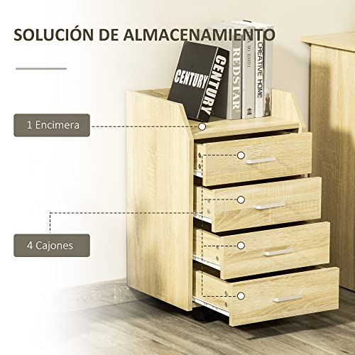 Vinsetto Cajonera de Oficina Mueble Auxiliar para Archivos con 4 Cajones Encimera Superior de Almacenaje 4 Ruedas y 2 Frenos para Estudio Despacho 40x36x65 cm Natural - imagen 4
