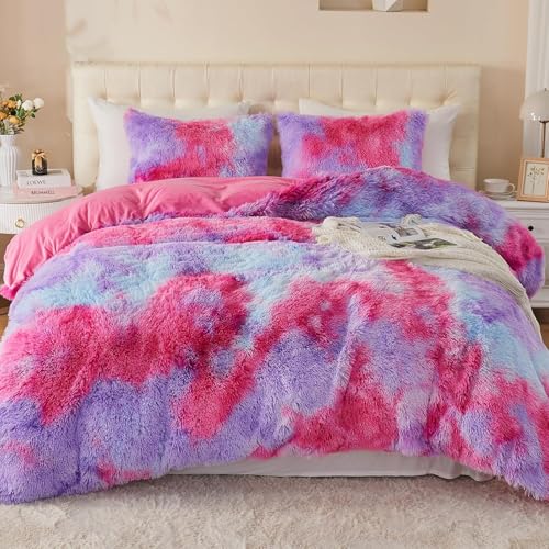Image of EMME Luxury Fuzzy Duvet Cover Set King Size Fluffy Comforter Cover Set for King Bed 2 Pieces Shaggy and Plush Soft Bedding Duvet Covers (Rainbow Pink Purple, King)