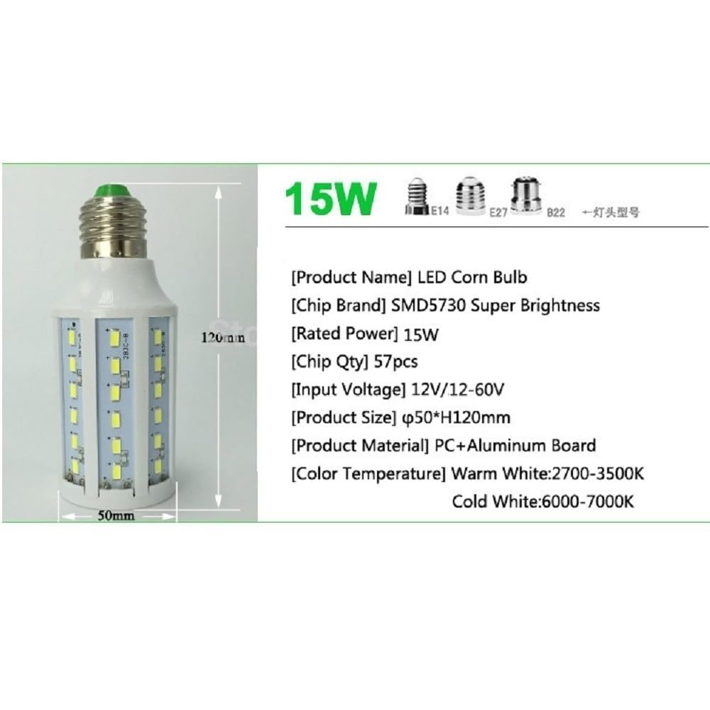 RZL Iluminación, Paquete de 20 bombillas LED tipo maíz, DC12 V, E27, 7 W, 10 W, 15 W, 18 W, 25 W, 5730 SMD, ángulo de haz de 360 ​​grados, for jardín y garaje(E27 base Warm White,12v 10w)