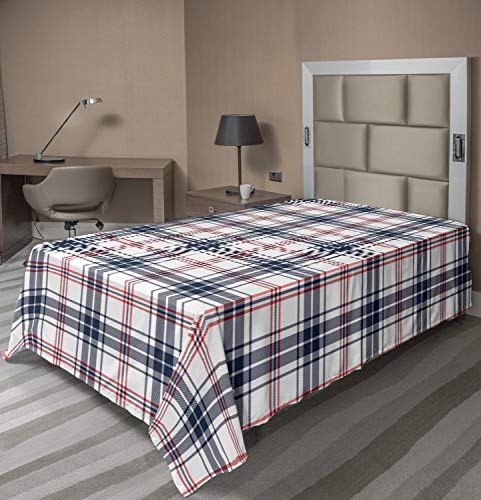 Ambesonne Plaid Flat Sheet, Traditional Checkered British Country Pattern with Geometric Design, Soft Comfortable Top Sheet Decorative Bedding 1 Piece, Twin Size, Vermilion Navy Blue