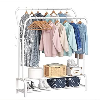 ACCSTORE Garment Rack Clothes Rack Freestanding Hanger Double Rails Bedroom Clothing Rack With 2-Tier Lower Storage Shelf,White