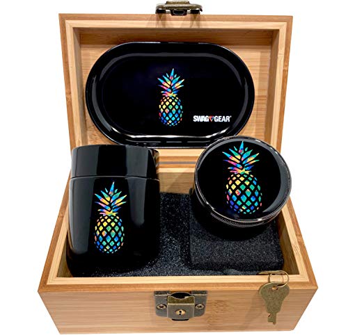 Pineapple Stash Box Combo - Grinder Stash Jar and Rolling Tray in Wood Box - Stash Box with Lock Locking Stash Box Stash Boxes (Pineapple)