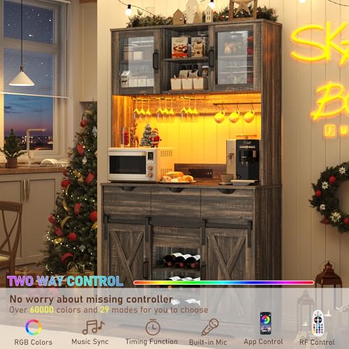72\" Coffee Bar Cabinet w/Power Outlet,LED Lights,Farmhouse Large Kitchen Hutch w/Sliding Barn Door,Tall Bar Cabinets w/4 Drawers & Wine Glass Rack,Pantry China Cabinet for Home,Dark Rustic Oak - Thumbnail 5