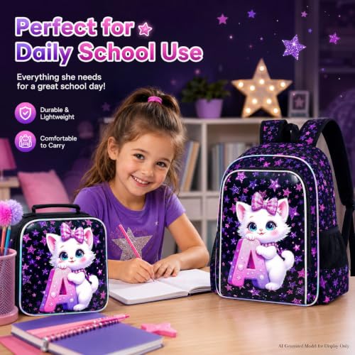 Image of CCJPX 16 inch Cat Backpack for School, 3Pcs Girls Kids Bookbag with Lunch Box, Water Resistant Elementary School Bag for Kindergarten Preschool Toddler (Black)