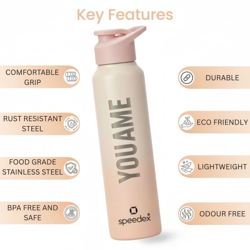Image of Speedex Engraved Name Stainless Steel Sipper Water Bottle 1 Ltr - Customised Personalised Bottle for Kids & Adults, School, Gym, Sports, Peach Orange, Set of 1