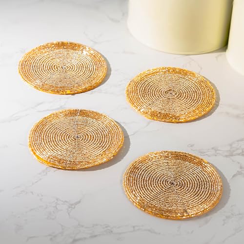 Marco Paul - Set di 4 sottobicchieri dorati, tovagliette per bevande, sottobicchieri con perline per tavolino da caffè, tavolo da cucina, tavolo da pranzo, decorazioni per bevande, accessori per