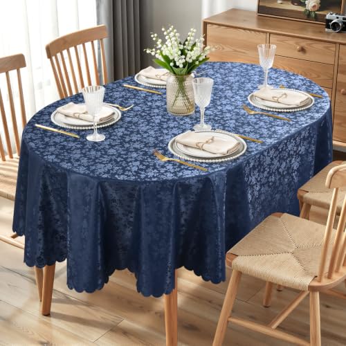 Image of Smiry Oval Waterproof Heavy Duty Vinyl Tablecloths, 60 x 84 Inch | Wipeable Washable Floral Embossed Table Cover for Kitchen and Dining Room, Indoor & Outdoor Use, Navy Blue