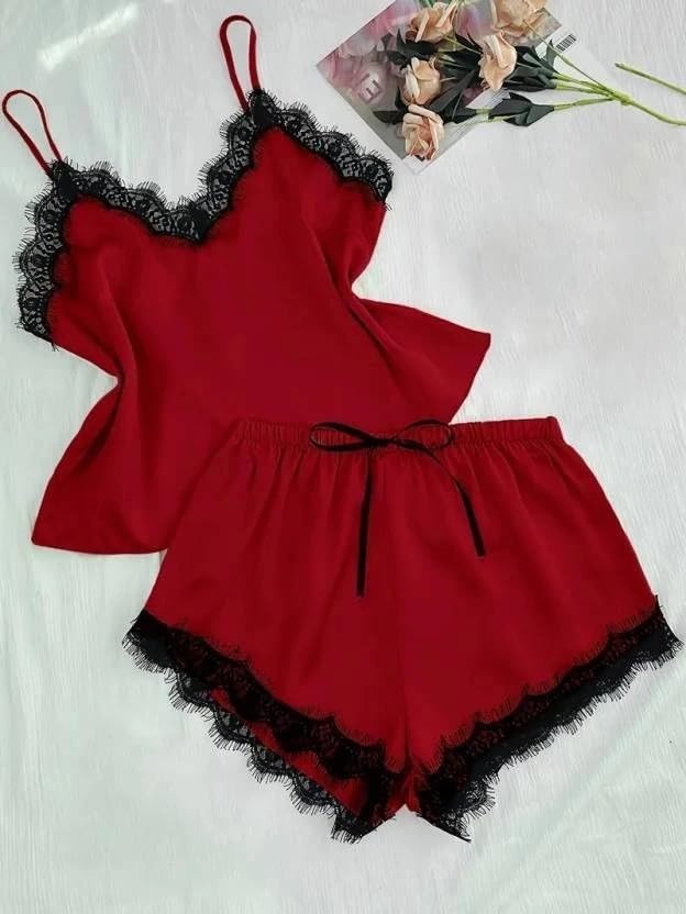 Image of Women's Satin Pajama Set with Lace Trim Camisole Top and Shorts Sleepwear Set Pack of2-1top 1nikkar