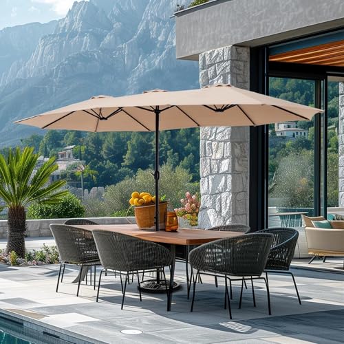 Image of THESHELTERS - 15ft Large Outdoor Umbrella Double-Sided Patio Umbrella with 65Kg Movable Stand, Crank Handle, 12 Ribs Rectangular Garden Umbrella for Patio Graden, Poolside, Terrace, Cafe and Hotels