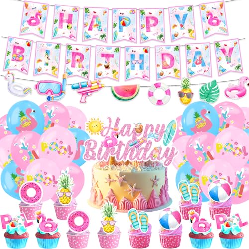 Image of Summer Pool Beach Party Decorations - Happy Birthday Pool Banner,Cake Topper with Cupcake,Balloons,Happy Birthday Swim Party Supplies for Girls