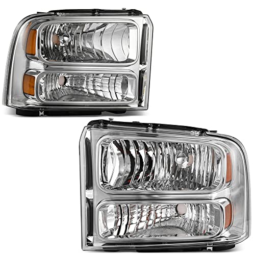 Image of oEdRo Headlight Assembly Compatible with 2005 2006 2007 Ford F250 F350 F450 F550 Super Duty /2005 Excursion Headlamp with Amber Reflector, Clear Lens Chrome Housing