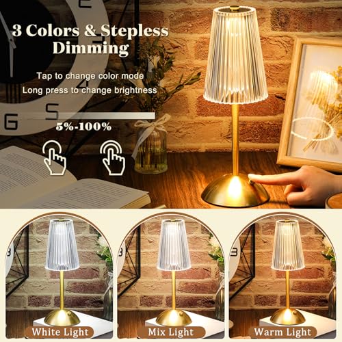 Image of Liliful 2 Pcs Cordless Table Lamp Rechargeable Touch LED Small Gold Portable Battery Operated USB-c Desk Lamp 3 Color Dimmable for Bedroom Living Room Dining (Gold,Small Stripes)