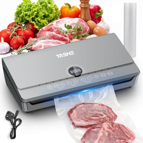 YASHE 80KPA Vacuum Sealer Machine with One-Touch Magnetic Lid, 10-in-1 Double Heat Seal & Double Pump Food Vacuum Sealer Machine, Integrated Roll Storage, Includes 1 Roll of Vacuum Bags (20cm*300cm)