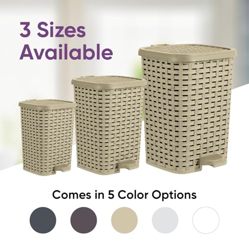 Image of Superio Mini Trash Can with Foot Pedal Small Outdoor Garbage Can with Lid, 3 Gallon Plastic Waste Basket for Bathroom, Bedroom, Kitchen, Office, Patio (Wicker Beige 12 QT.)