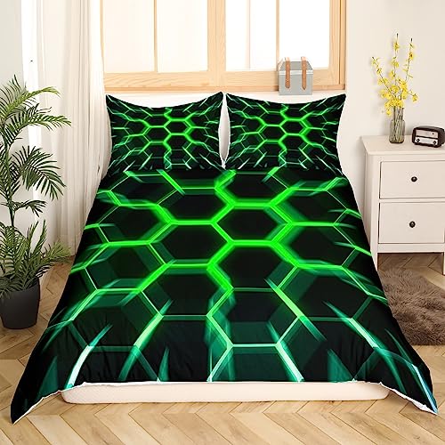 Homewish Honeycomb Bedding Set Black Green 3D Geometric Beehive Hexagon Duvet Cover King Gamer Room Decor for Boys Men Teen,Neon Light Geometrical Honeycomb Comforter Cover Glowing Hexagonal Bed Set… - Image 2