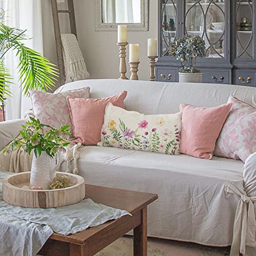Aacors Spring Lumbar Pillow Cover 12X20 Multi-Colored-Flowers Decorations Farmhouse Decorative Summer Cushion Case Decor For Home Sofa Couch #TOP4