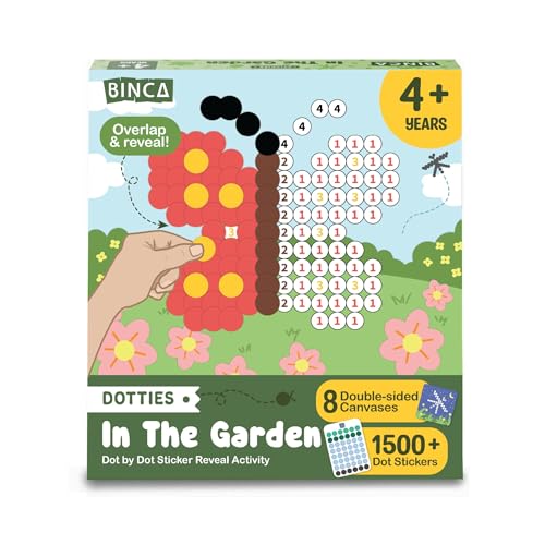 BINCA Stickies Dot Art - Kit de actividades artísticas, más de 1500 calcomanías, 8 actividades de animales de jardín sin desorden, arte de calcomanías de puntos para niños pequeños, actividades de