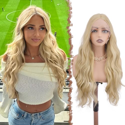 FESHFEN Perruque Lace Front pour Femme Cheveux Synthétiques Longue Ondulés Naturelle Sans Colle Cheveux HD Lace, Blond Sale 70 cm