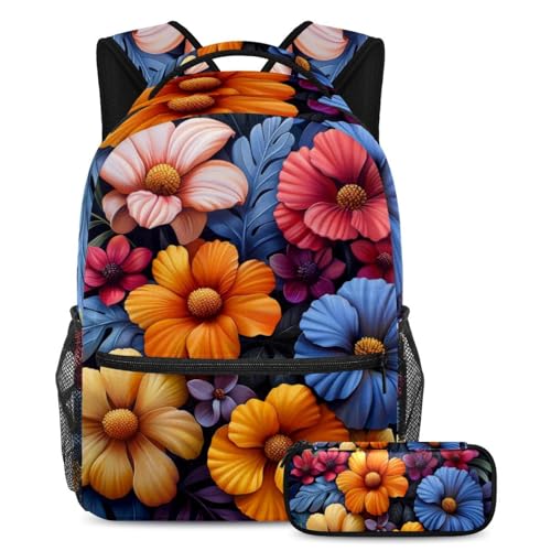 Sac à dos avec trousse fleurs arc-en-ciel pour cartables enfants