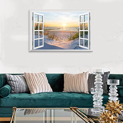 Beach Sunset Picture Wall Art Fake Open Window Ocean Natural Scene on Canvas Prints for Yellow Home Decor 36 x 24 by Woxfcart - Used condition - Image 4