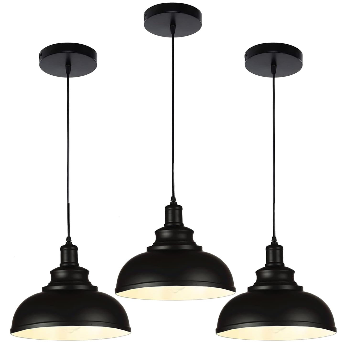 Photo 1 of Black Dome Metal Pendant Lights - Hanging Ceiling Fixture for Industrial, Farmhouse Kitchen Island, Dining Room, Foyer (3 pack)