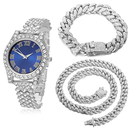 Image of Halukakah Diamonds Gold Watch Iced Out, Kid's 18K Real Gold /Platinum White Gold Plated 36MM Width Green /Blue /Red Dial Quartz Wristband 8 inch with Cuban Link Chain 7 inch+16 inch Bracelet, Free Giftbox