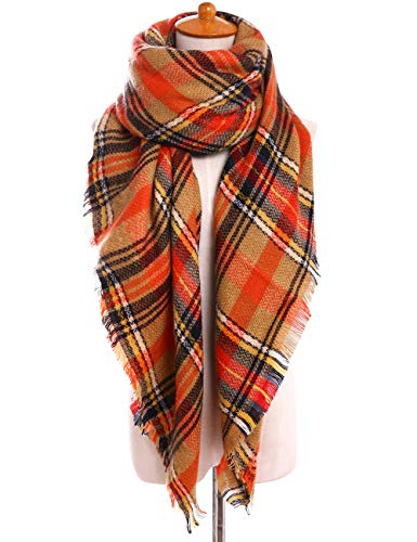 Bess Bridal Women's Plaid Blanket Winter Scarf Warm Cozy Tartan Wrap Oversized Shawl Cape (One Size, Orange) - Thumbnail 2