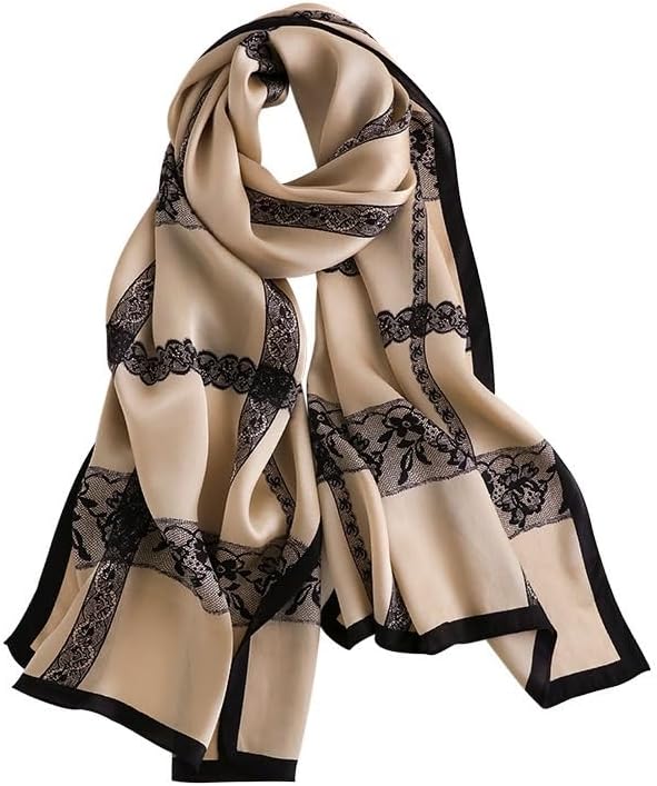 Champagne Silk Lace Printed Thin Long Scarf Women's Fashion Luxury Shawl Satin Feeling Neck Scarfs