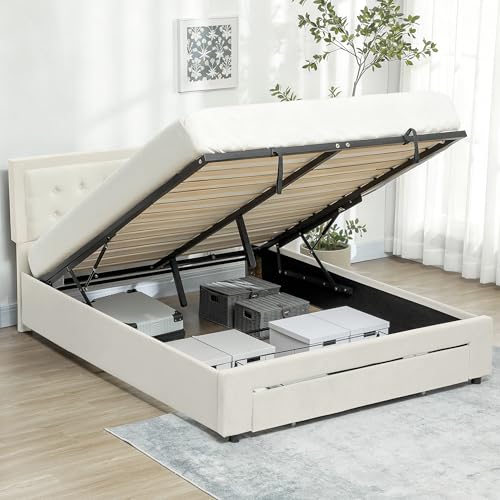 HOMCOM Upholstered Ottoman Bed with Storage Drawer and Adjustable Headboard, 4ft6 Double Size Bed Frame with Gas Lift End Opening, Wooden Slats, No Mattress, Cream White
