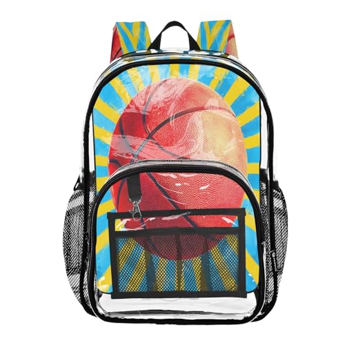 Clear Backpack for School High Contrast Illustration Basketball Art Is Bright Transparent Bookbag for Girls See Through PVC Boy Backpacks