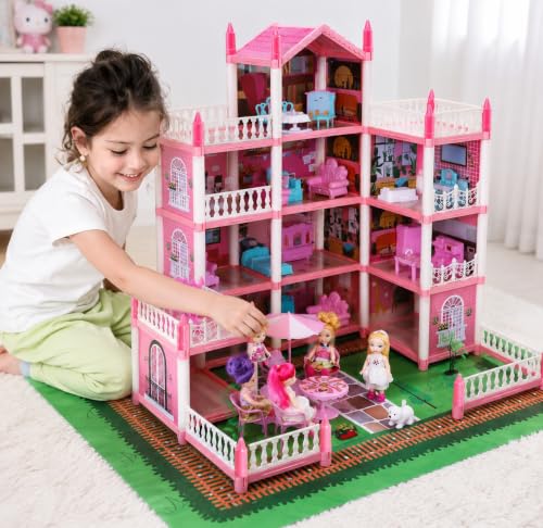 Image of Large Doll House Kit Pink Toys Baby Doll for Kids House DIY Big for Girls Doll House Children Accessories Castle