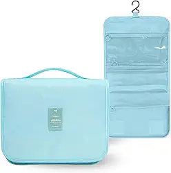 Necessaire de Viagem Organizadora com Gancho, 5 Divisórias, Material Resistente à Água, 23 x 19 x 10 cm,(Ciano)