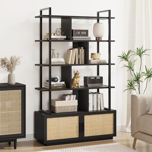 IDEALHOUSE 5 Tier Rattan Bookshelf with Storage Cabinet & Door, 71.1 Inch Tall Industrial Book Shelf with Open Display Shelves, 5 Shelf Bookcase with Metal Frame for Living Room, Bedroom -Black