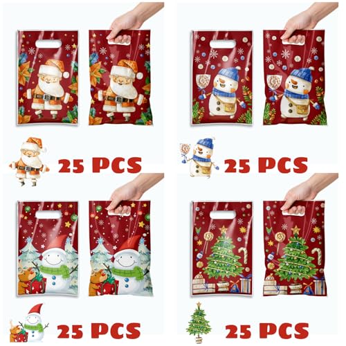 TESKEUP Christmas Gift Bags with Handles - 100 Pcs Christmas Treat Goodie Bags, Plastic Small Xmas Favor Bags Bulk for Candy Cookies Snacks Xmas Holiday Party Favors Supplies — view 2