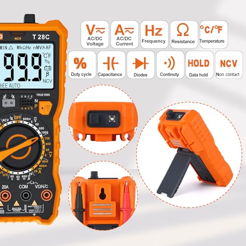 Miniatura 2 de Multímetro Digital Yiqiyibo, Manual Rango Polímetro 6000 Cuentas Ncv Trms, Voltimetro, Mide Voltaje Y Corriente Cc Ca, Continuidad, Resistencia, Diodo, Ciclo De Trabajo, Capacitancia Y Temperatura