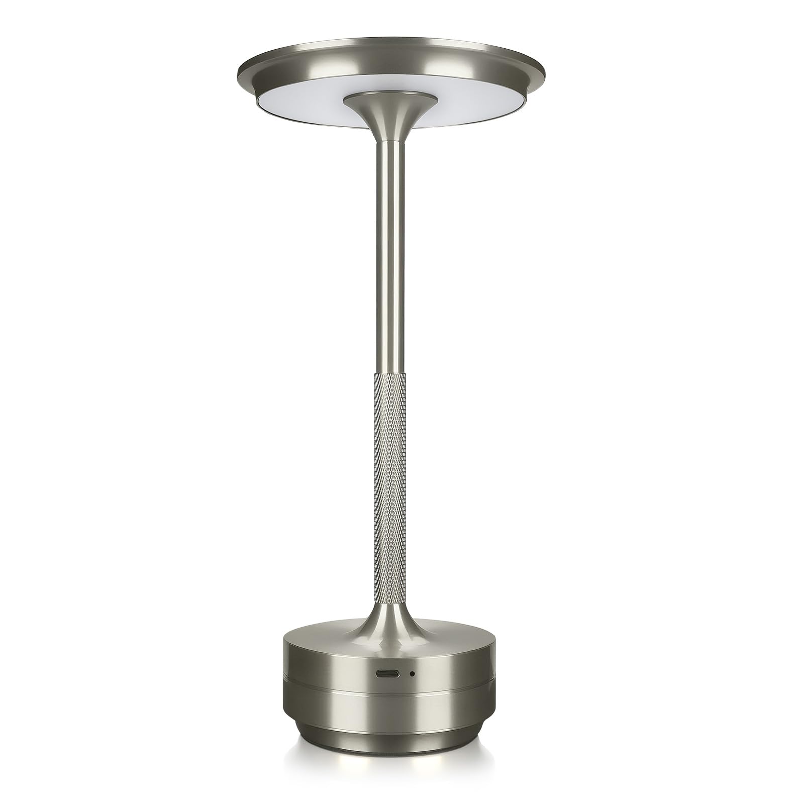 MMOBIEL Cordless Table Lamp Rechargeable Round Metal LED Lamp with Touch Control, 3-Color Stepless Dimming, USB-C Charging, 1800mAh Battery for Bedroom, Restaurant, Patio, Indoor/Outdoor – Silver