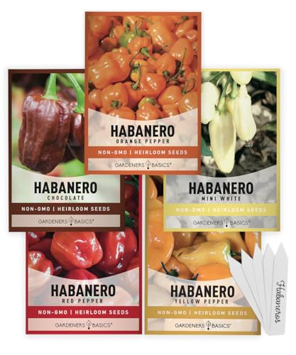 Gardeners Basics Habanero Pepper Seeds for Planting - 5 Varieties Pack Hot Pepper Seeds Red Orange Yellow Chocolate White Habanero Seeds Non GMO Heirloom Garden Seeds